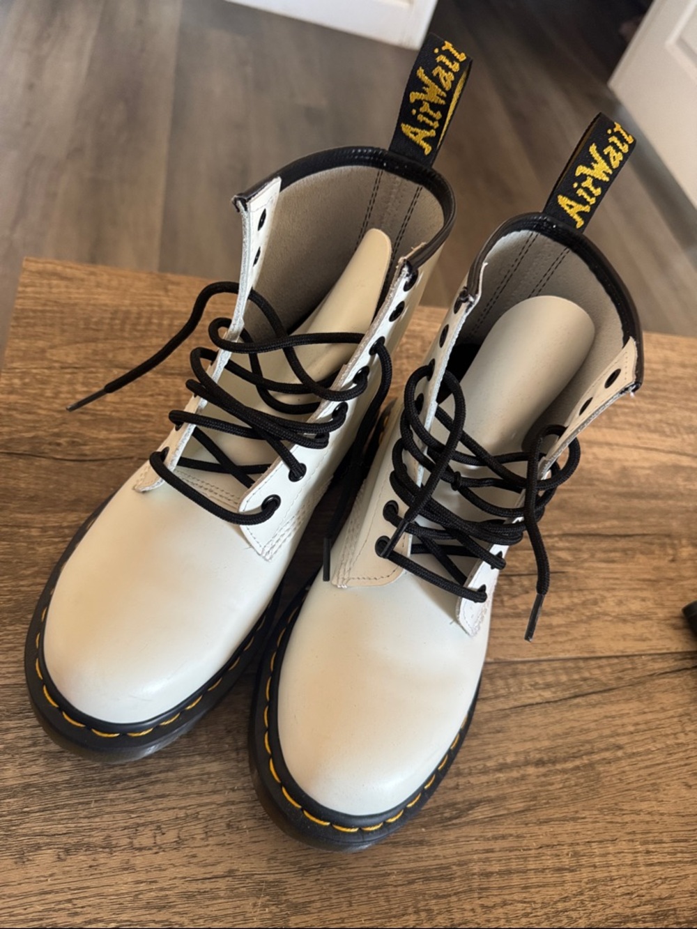Dr. Martens White Leather 8-Eye Lace-Up Boots with Yellow Stitching